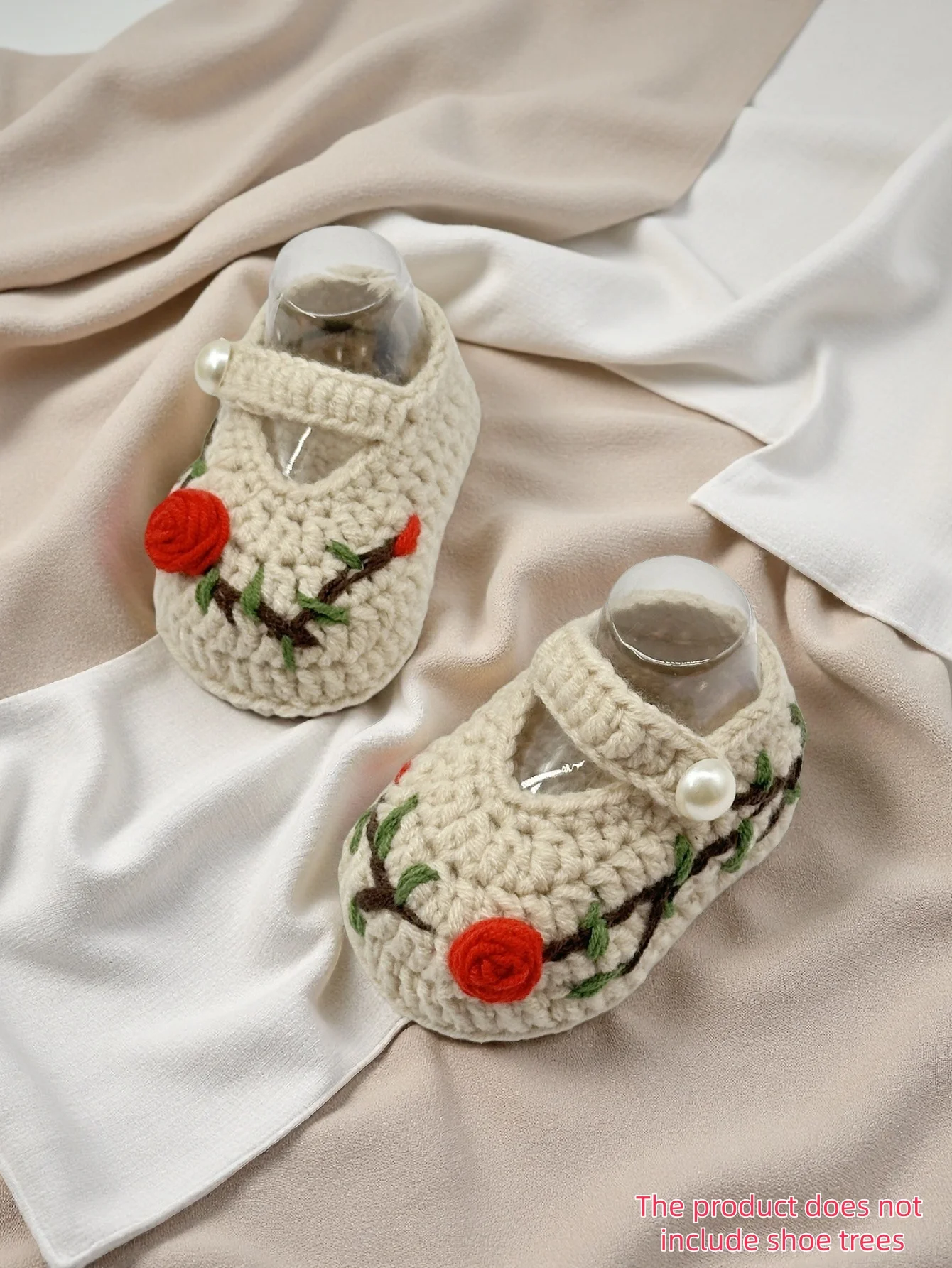1 Pair Crochet Baby Booties, Handmade Knit Infant Girl Mary Jane Style with Flowers and Pearl Button