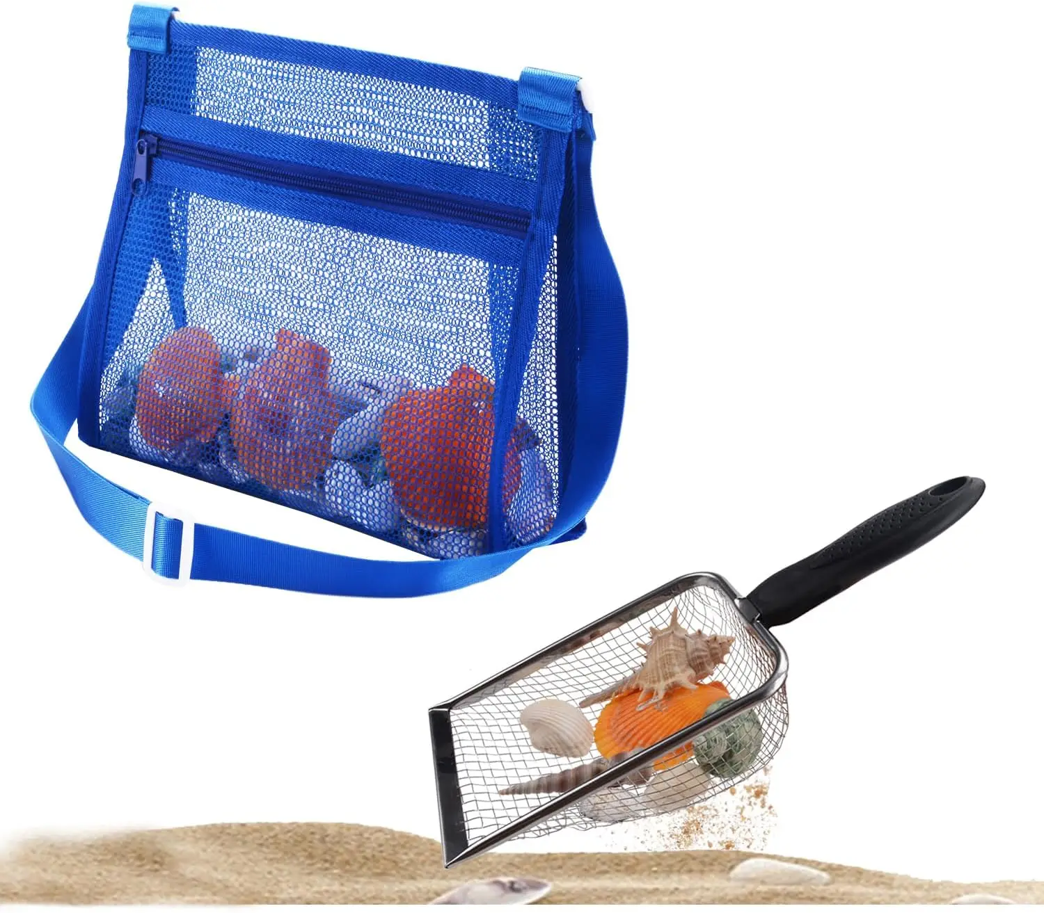 

Beach Mesh Shovel & Shell Bag Set for Kids, Sand Sifter for Shark Teeth, Shells, Fossils (Sapphire Blue)