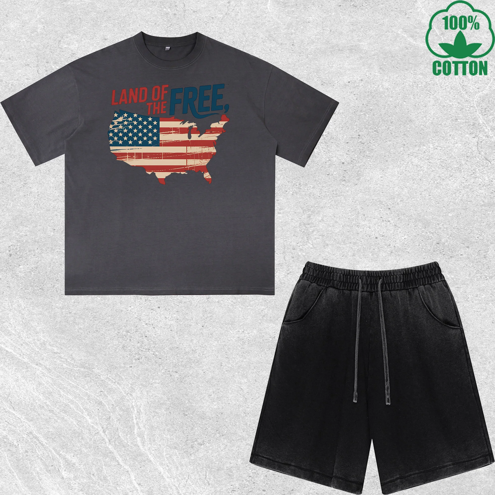 

Land of Free Printed Dirty Wash T-Shirt Shorts Set Multicolor Combo Loose Trendy 100%Cotton
