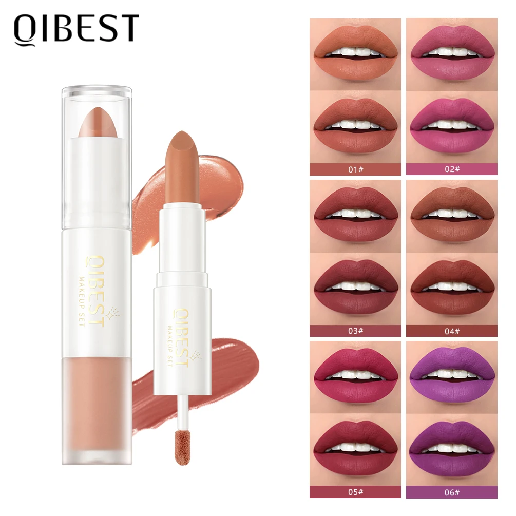 Qibest 10 Farben 2 in 1 matten Lippenstift Lip gloss Kosmetik wasserdicht Doppelkopf rot lila Lippenstift lang anhaltende Lippen Make-up