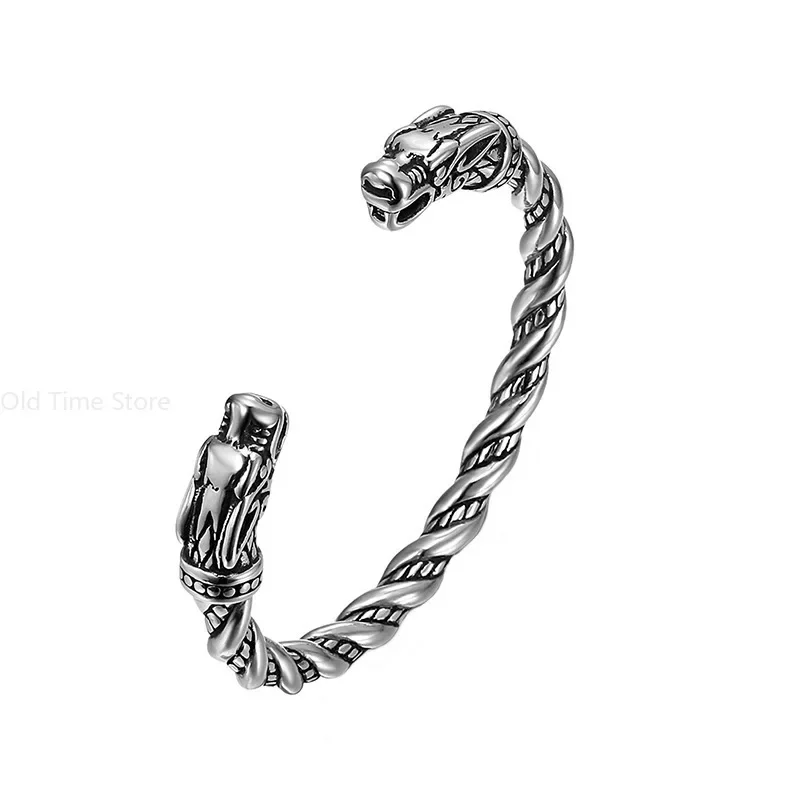 Viking Dragon Head Cuff Bracelet Vintage Twined Gold Silver Color Stainless Steel Men\'s Personality Punk Hip Hop Jewelry