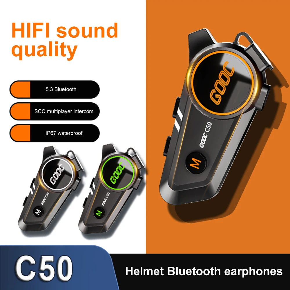 

C50 Motorcycle Intercom Helmet Headset IP67 Waterproof BT 5.3 Wireless Earphone Motorbike Interphone with Tri-colorful Light