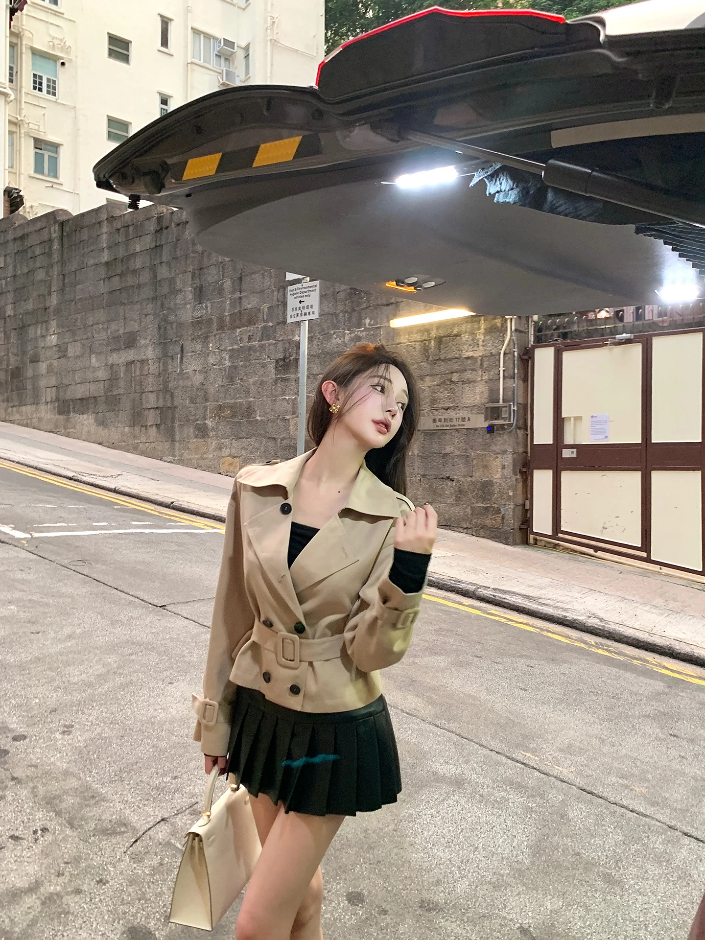 

Chill er High-End ort i Color Coat with Belt Stand Collar Double Button Casual Commute Sle Polyester Fiber