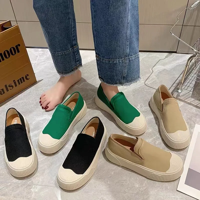 Thick Soled Canvas Loafer Shoes for Women's Design Sense Board Shoes Biscuit Shoes Color Matching Slip on Flats Casual Loafers