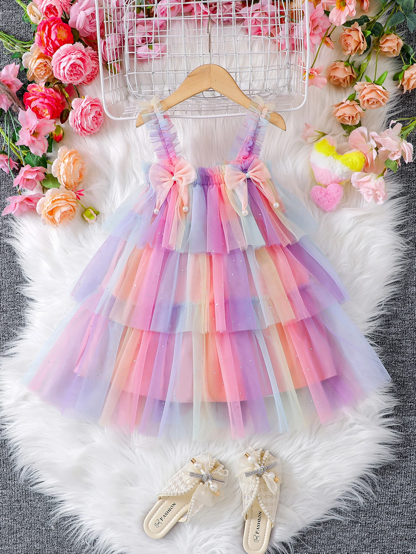 Girls summer gradient sequin mesh halter multilayer pompadour cake group bow embellished dress