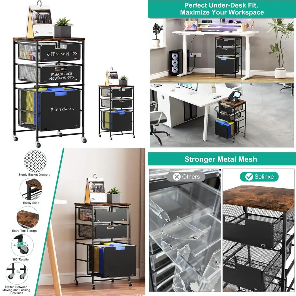 

Black 3-Drawer Rolling File Cart with Lockable Wheels, Under Desk Organizer, Letter Size Hanging Folders for Home Office