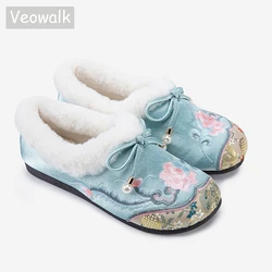 Veowalk inverno donna Fuzzy Warm Fur foderato Low Top scarpe basse mocassini da passeggio comodi ricamati cinesi verde nero Beige