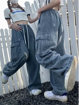 Jeans a gamba dritta stile retrò per design di nicchia femminile, pantaloni larghi e multitasche per jeans da donna