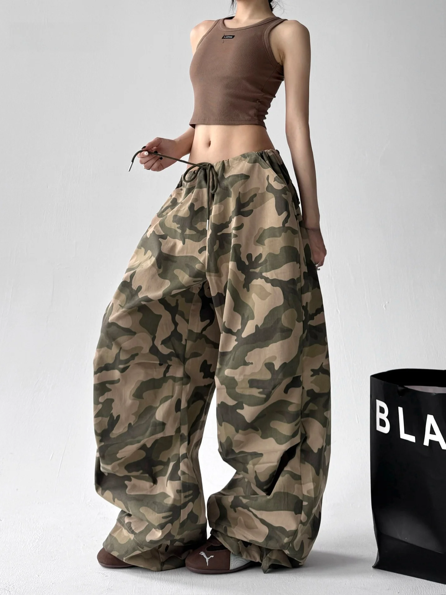 American Style High Waist Camouflage Work Pants Women's Summer New Loose Wide Leg Casual Floor-Length Trousers