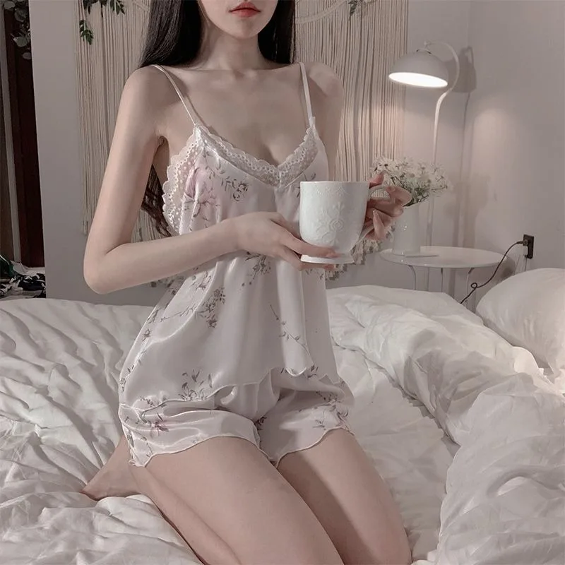 Pajamas Female Summer Ice Silk Suspenders Shorts Two-piece Maiden Dormitory Pupil Summertime Thin Loungewear Comfort Silky