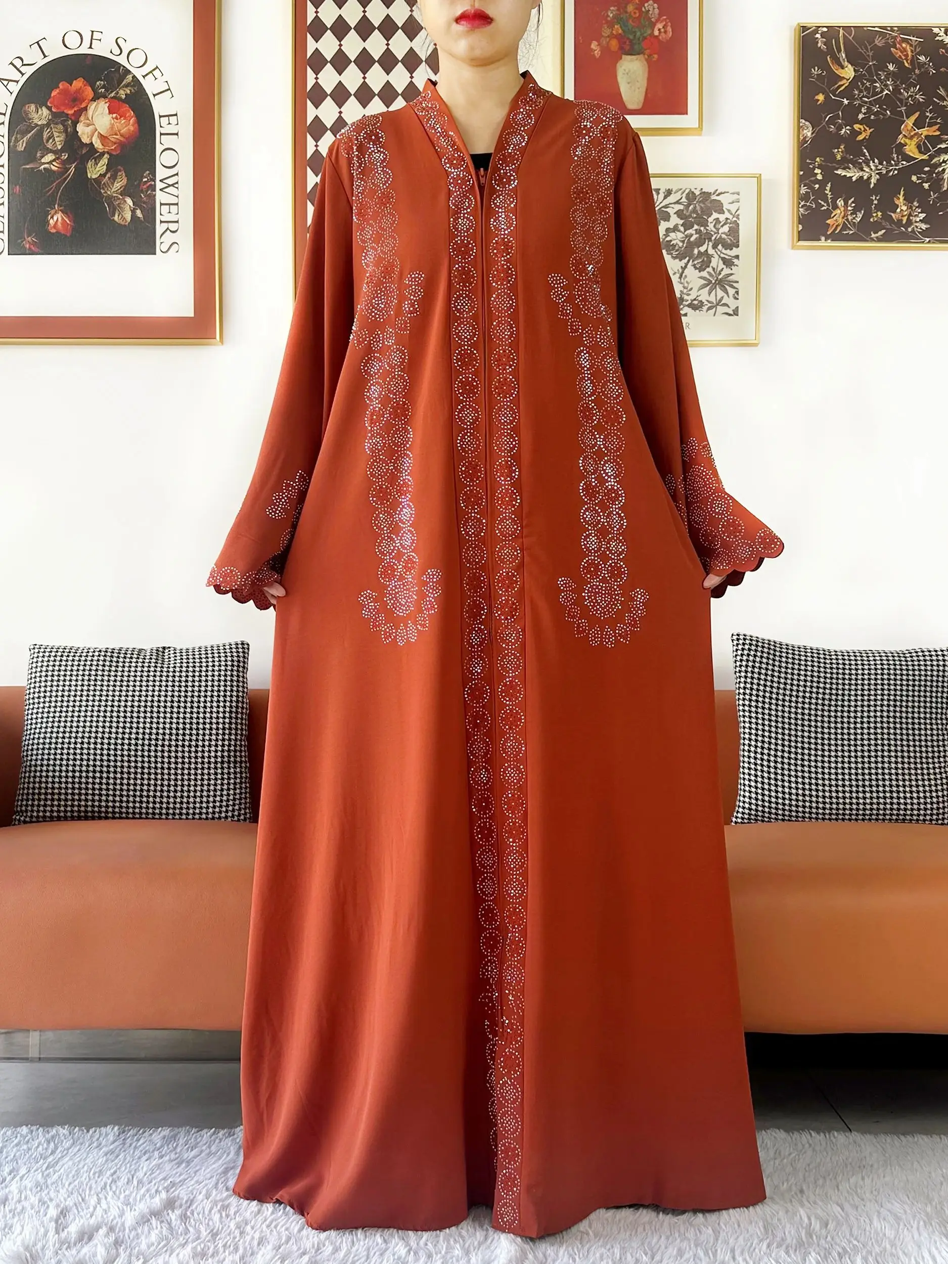 Muslim Ramadan Fashion Long Sleeve Dress Rhinestones Cardigan Muslim For Women Open Abaya Dubai Caftan Islamic Kimono Clothing