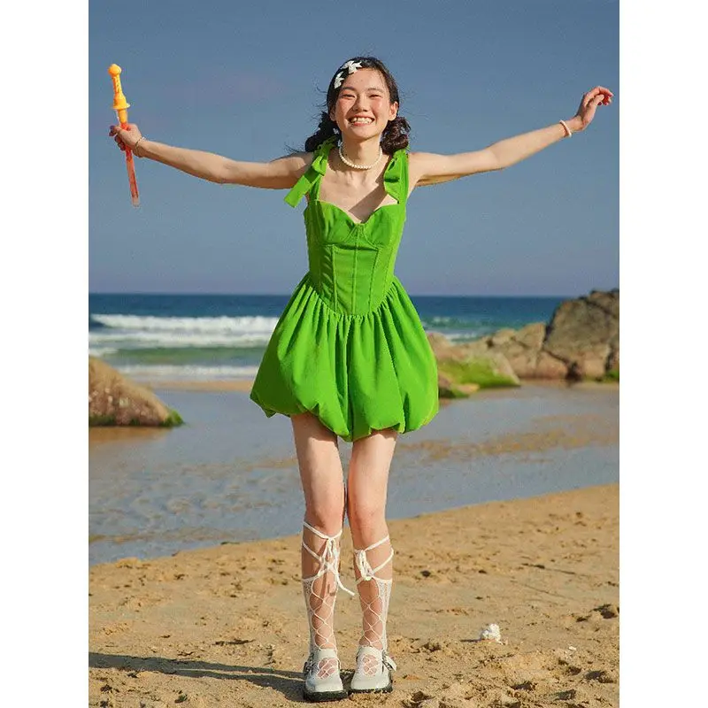 Robe trapèze en velours vert fruit pour femme, robe courte moelleuse, douce fille, taille amincissante, sangle à nœud en arête de poisson, taille haute, été