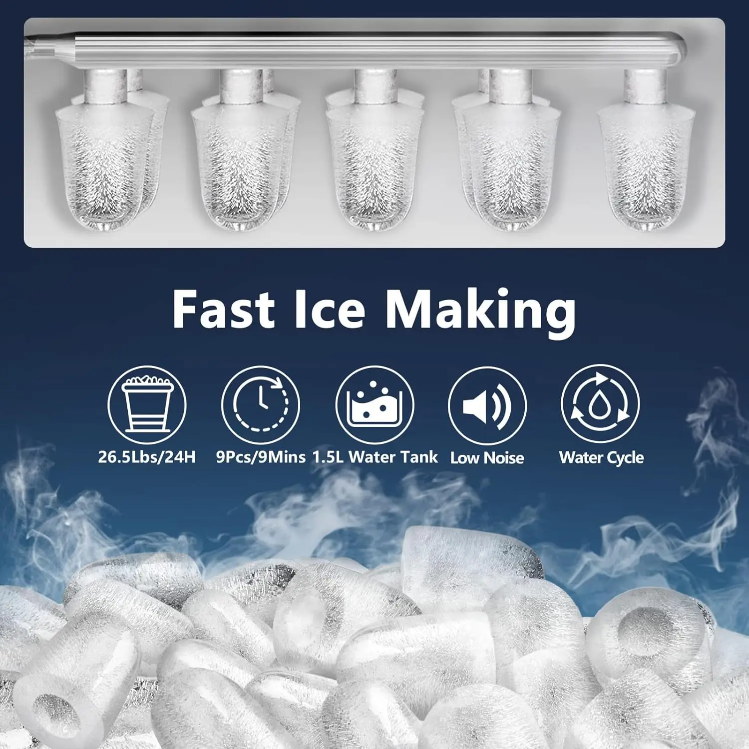 Countertop Ice Maker, 9 Thick Bullet-Shaped Ice Ready in 6-9 Mins, 26.5 Lbs in 24Hrs