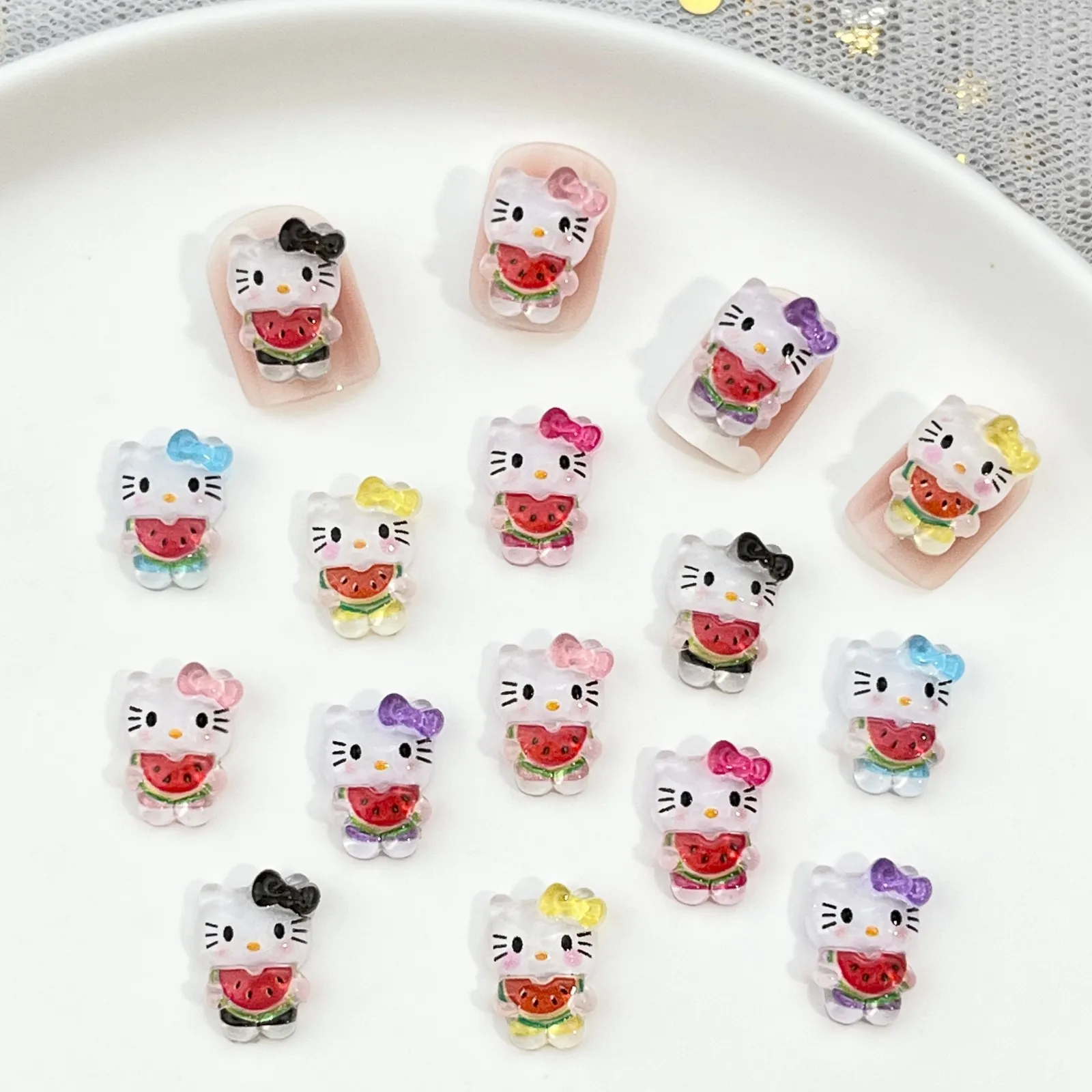 

100Pcs/Pack Watermelon Hello Kitty Nail Charms - Icy 3D Resin Nail Art, Cute Summer Press-On Nail Decor for DIY Manicures