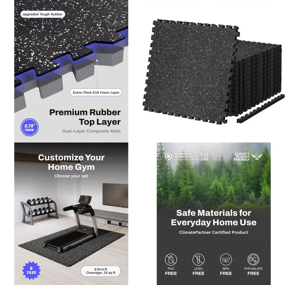 

0.79in Thick 24 Sq Ft Rubber Exercise Mats, 6 High-Density EVA Foam Tiles, Interlocking Gym Floor for Home Workouts, Black & Whi