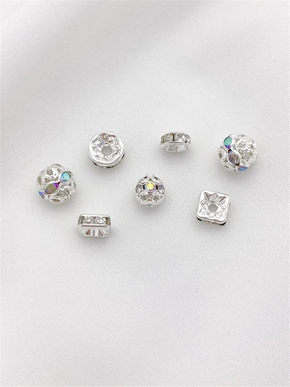 Silver Diamond-encrusted Hollow Flower Ball Square Partition Bead Round Bead Loose Bead Handmade DIY Bracelet Material Accessori