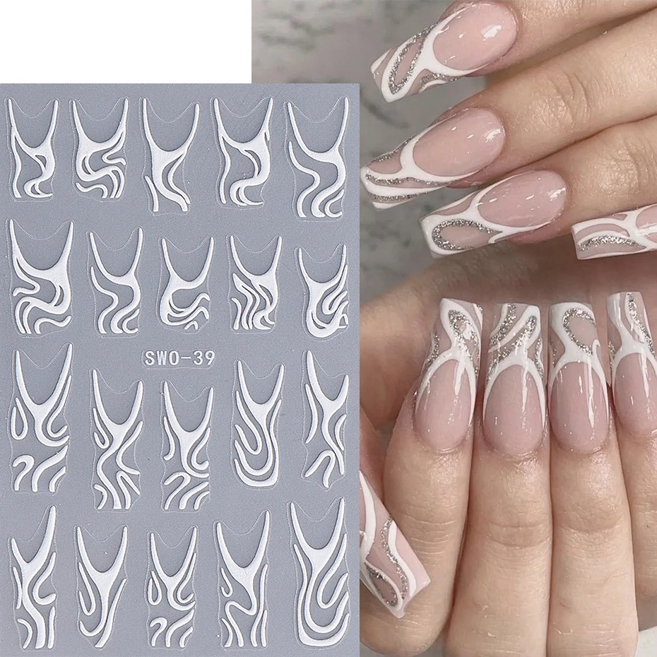 French Abstract Lines Nail Art Stickers 3D White Swirls Lines Self-Adhesive Sliders Nail Decals Halloween Manicure Decorations