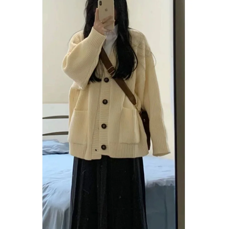 Trend Cardigan Knitting Gray Sweaters Autumn New Long Sleeve Loose Solid Pocket Button Casual Tops Vintage Fashion Women Clothes