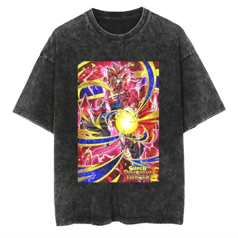 

2025 Dragon Ball Black Washed T-Shirt Hip Hop Streetwear Japanese Anime Printed Casual T-Shirt Summer Short Sleeve Top T-Shirt