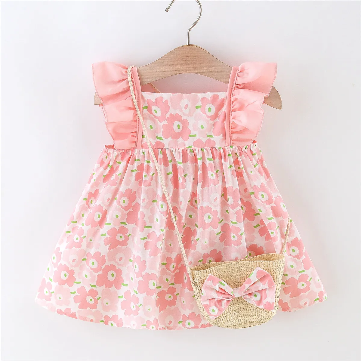 2-Piece/Set Free Woven Bag Girls' Dress Summer Flying Sleeves Flower Bow Pastoral Style Dress 0-3 Years Old