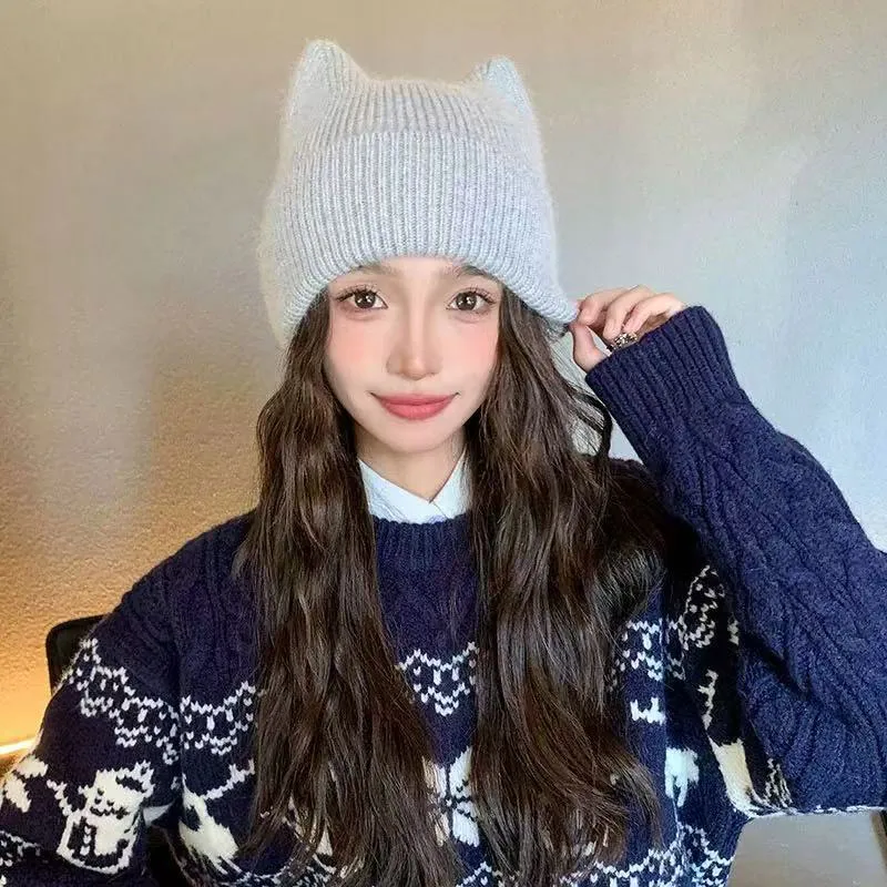 Autumn Winter Knitte Women's Hat Rabbit Hair Cute Cat Ears Beanies