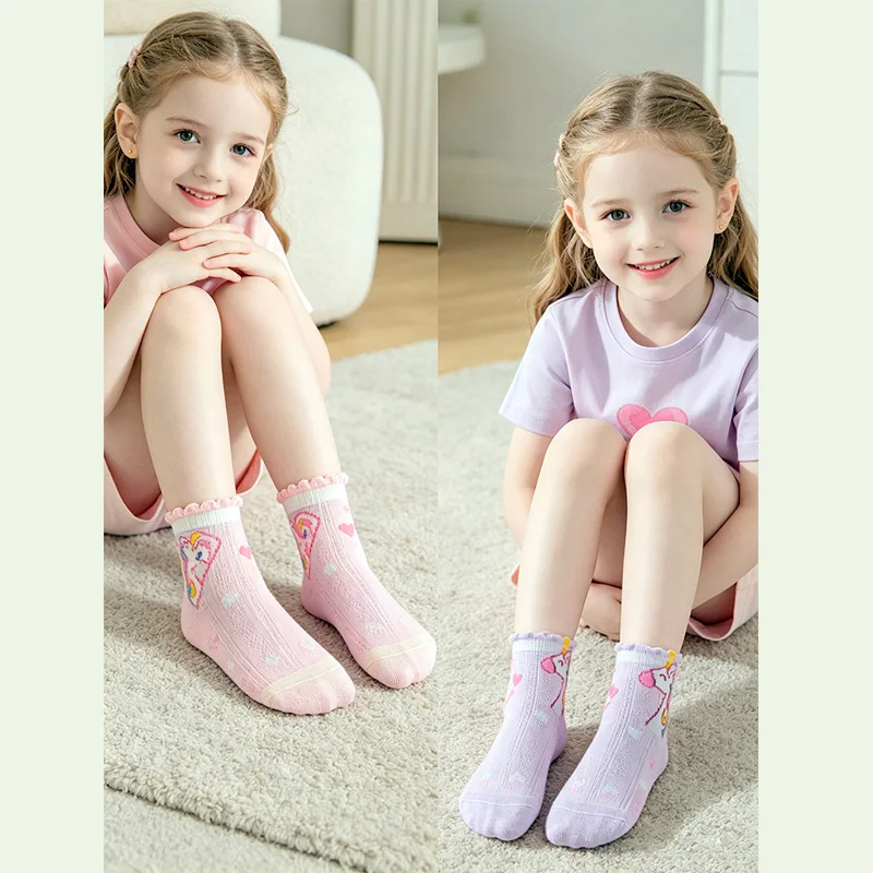 5 double mesh girls unicorn design with glue non-slip short tube children's socks for 1-12 years old girls image 2