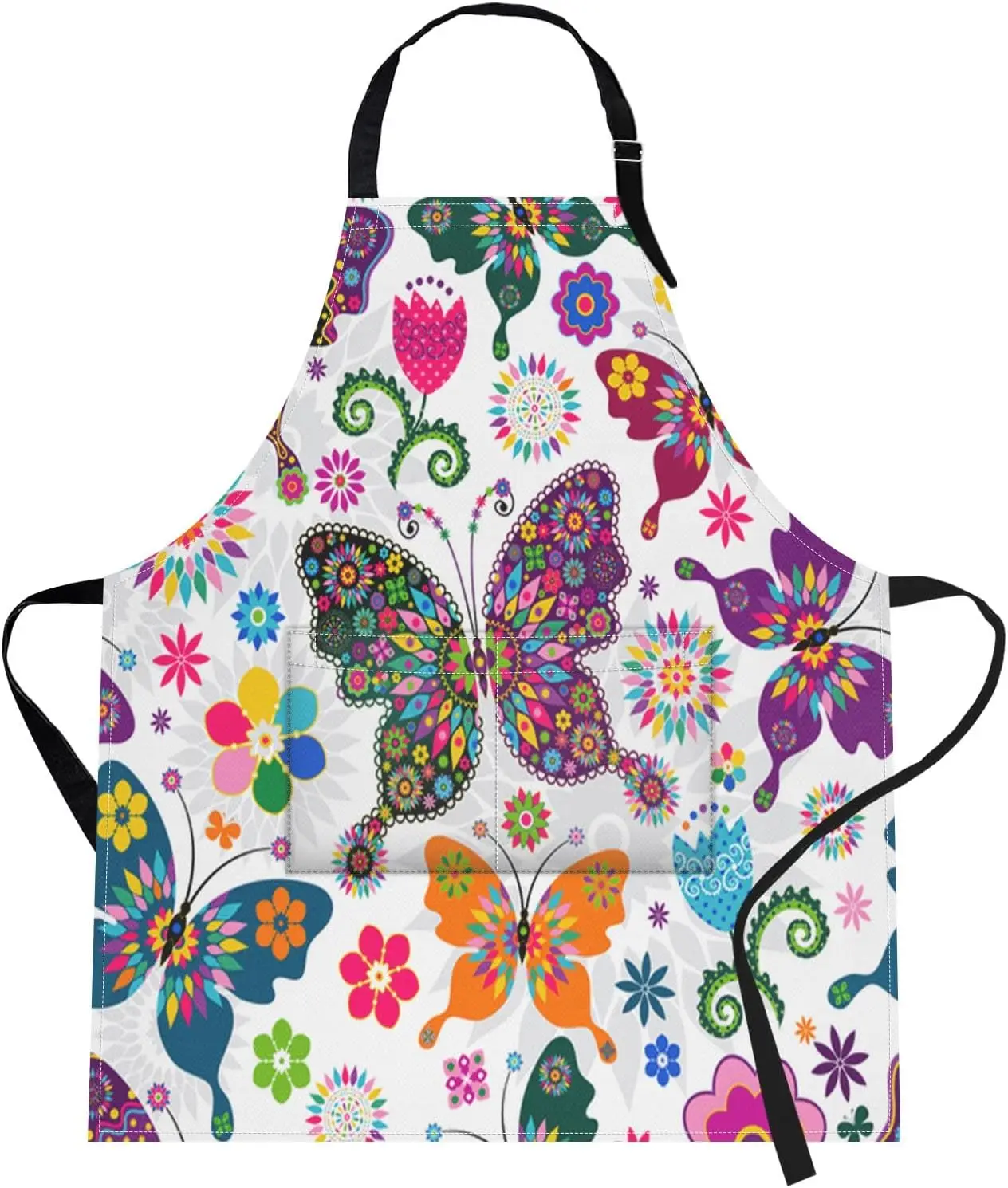 

Apron Home Kitchen Cooking Baking Gardening for Women Men With Pockets Floral Colorful Butterflies Flowers Romantic 32x28 inch