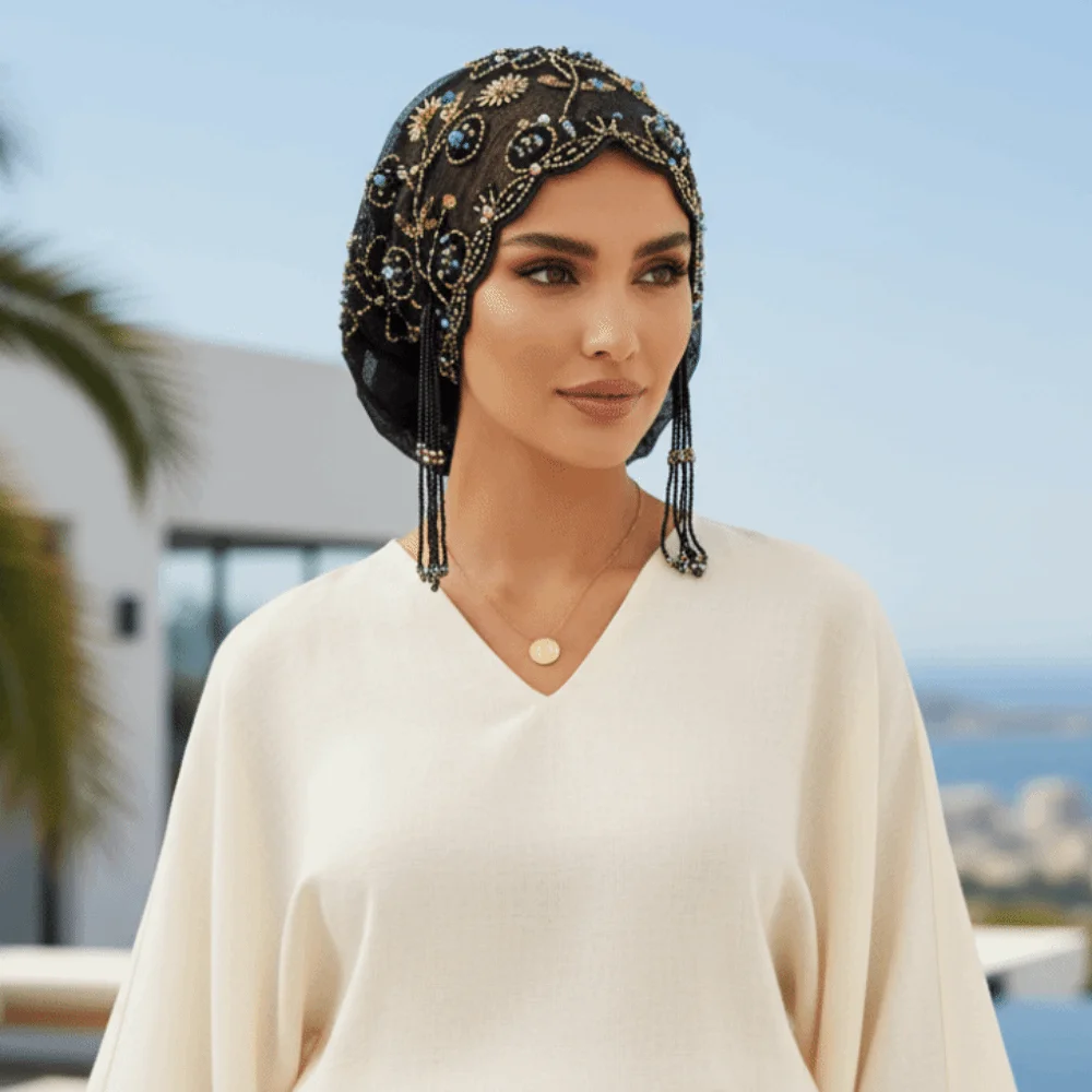 

Shiny Beads Turban Hat Flower Embroidery Long Tassel Indian Headscarf Elastic Band Scalloped Edge Fishtail Cap Religious Prayer