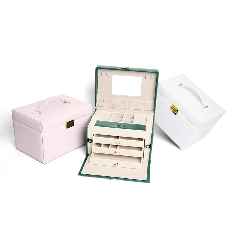 High-End Portable Jewelry Box Multi-Functional Large Capacity Ring Earrings Pendant Necklace Four Layers With Mirror Storage Box