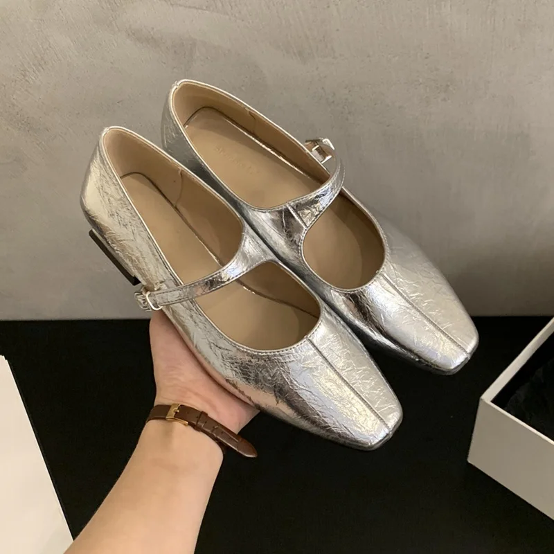 2024 New Autumn Flats Shoes Women Fashion Thick Heel Square Toe Buckle Strap Gold Sliver Mary Jane Shoes Female Ballerinas Mujer