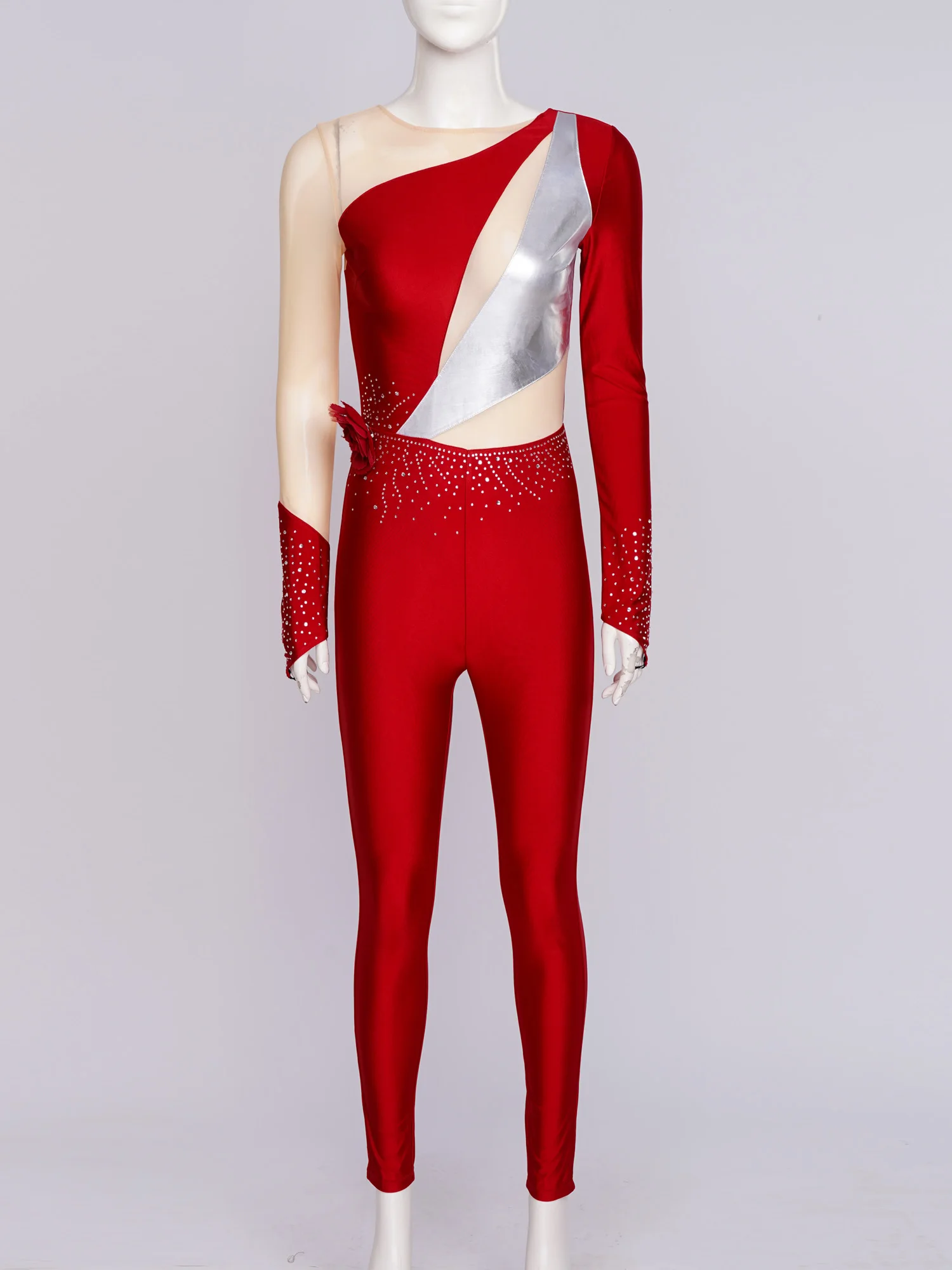 Women Acrobatics Gymnastics Leotard Romper Shiny Rhinestone One Piece Unitard Figure Skating Ballet Costume Long Sleeve Jumpsuit