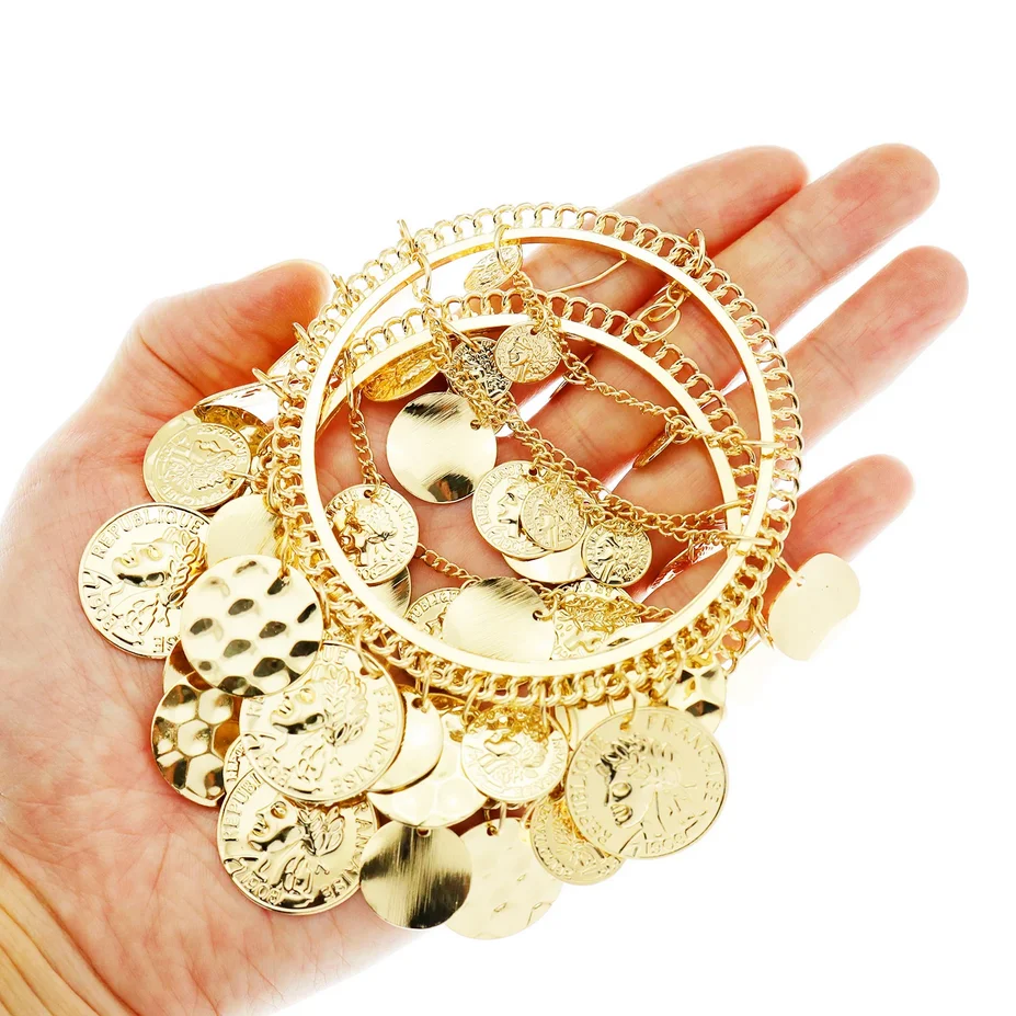 Vintage Tribal Coins Big Hoop Dangle Earrings For Women Geometric Punk Tassel Ear Pendants Jewelry Accessories Friendship Gifts