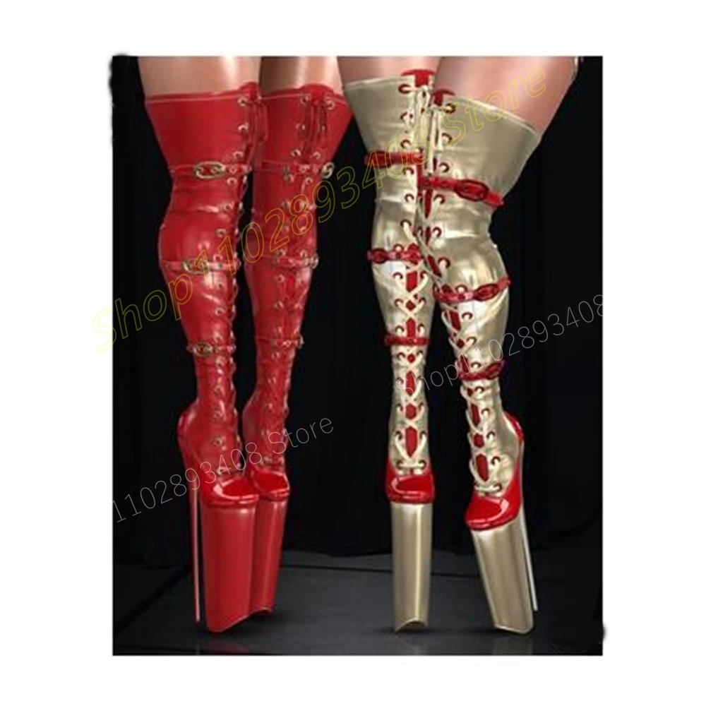 

Red Buckle Belts Lace-up Over the Knee Boots Patent Leather Stiletto High Heel Fashion Sexy Women Shoes 2024 Zapatos Para Mujere