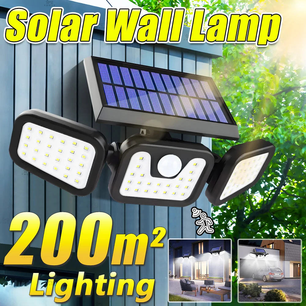 200㎡ Solar Lights Outdoor Waterproof 3Head Adjustable Exterior Solar Lamps with Motion Sensor Solar Wall Lamp Garden Accessories