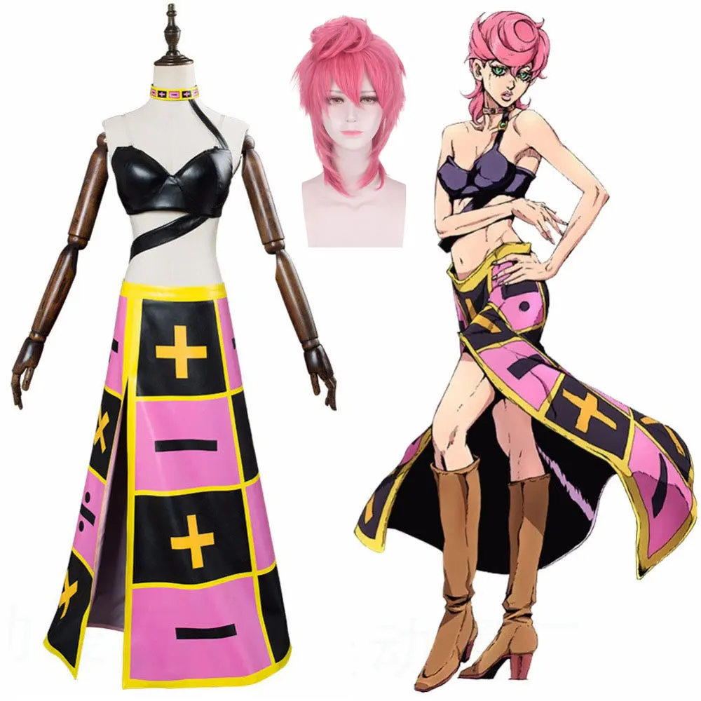 Disfraz de Cosplay de Trish Una, Peluca Rosa, Anime Jojo's Bizarre Adventure: Stone Ocean, Trish Cicciolina, Ropa Interior, Vestido, Collar, Uniforme