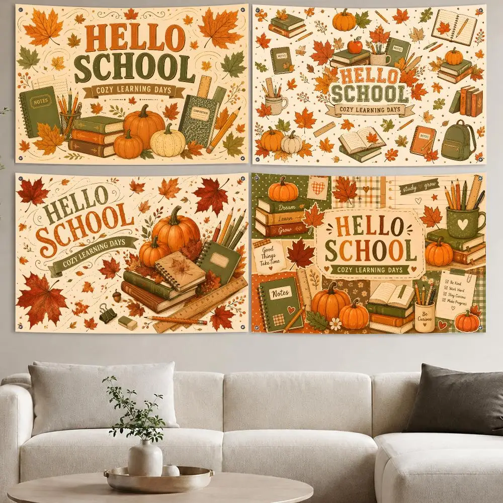 Flags Aesthetic Wall Tapestry Printed Wall Hanging Living Room Party Outdoor Decor Autumn campus pumpkins maple leaves books