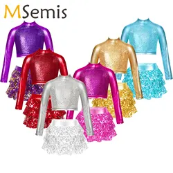 Shiny Sequins Kids Girls Jazz Dance Costumes Ballet Gymnastics Leotard Crop Top+Skirt Set Hip Hop Ballroom Performance Clothes