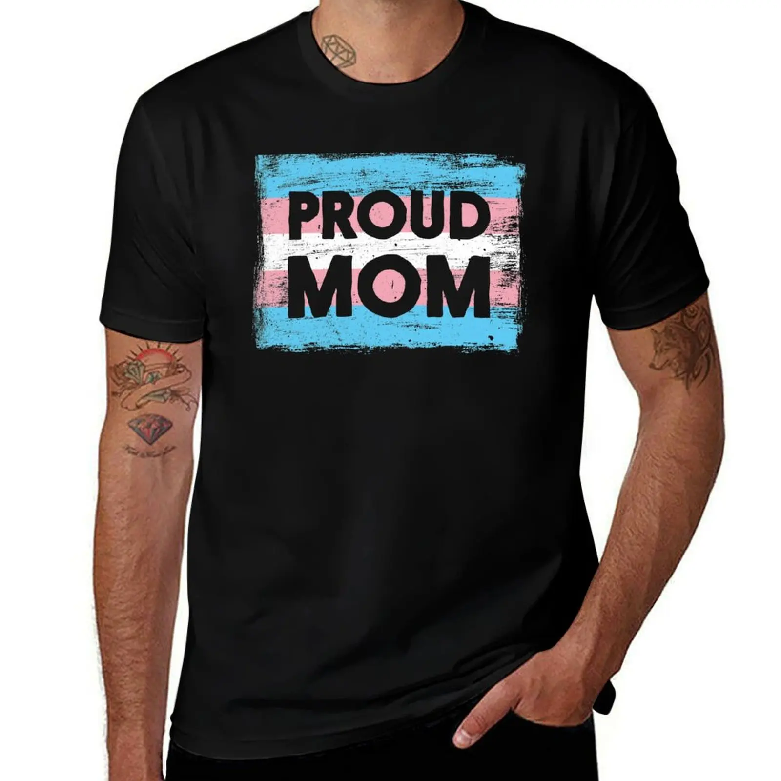 

PROUD MOM - Transgender Pride Flag - Vintage Paint T-Shirt Large Size Short Sleeve T-Shirt