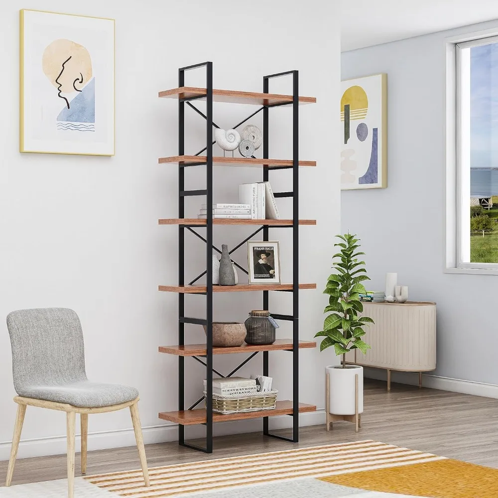 

6-Tier etagered Walnut Shelf Bookcase with Black Metal Frame- 35.43x12.5x85 inches