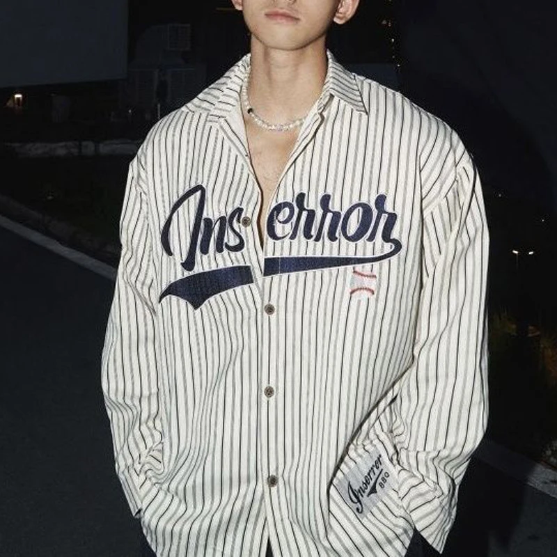 

Мужская одежда, осенняя модная американская винтажная полосатая рубашка с вышивкой букв Y2K, повседневная уличная одежда, большие топы с длинными рукавами