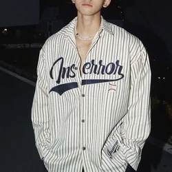 Men's Clothing Autumn Trendy American Vintage Striped Letter Embroidery Shirt Y2K Casual Streetwear Oversized Long Sleeve Tops