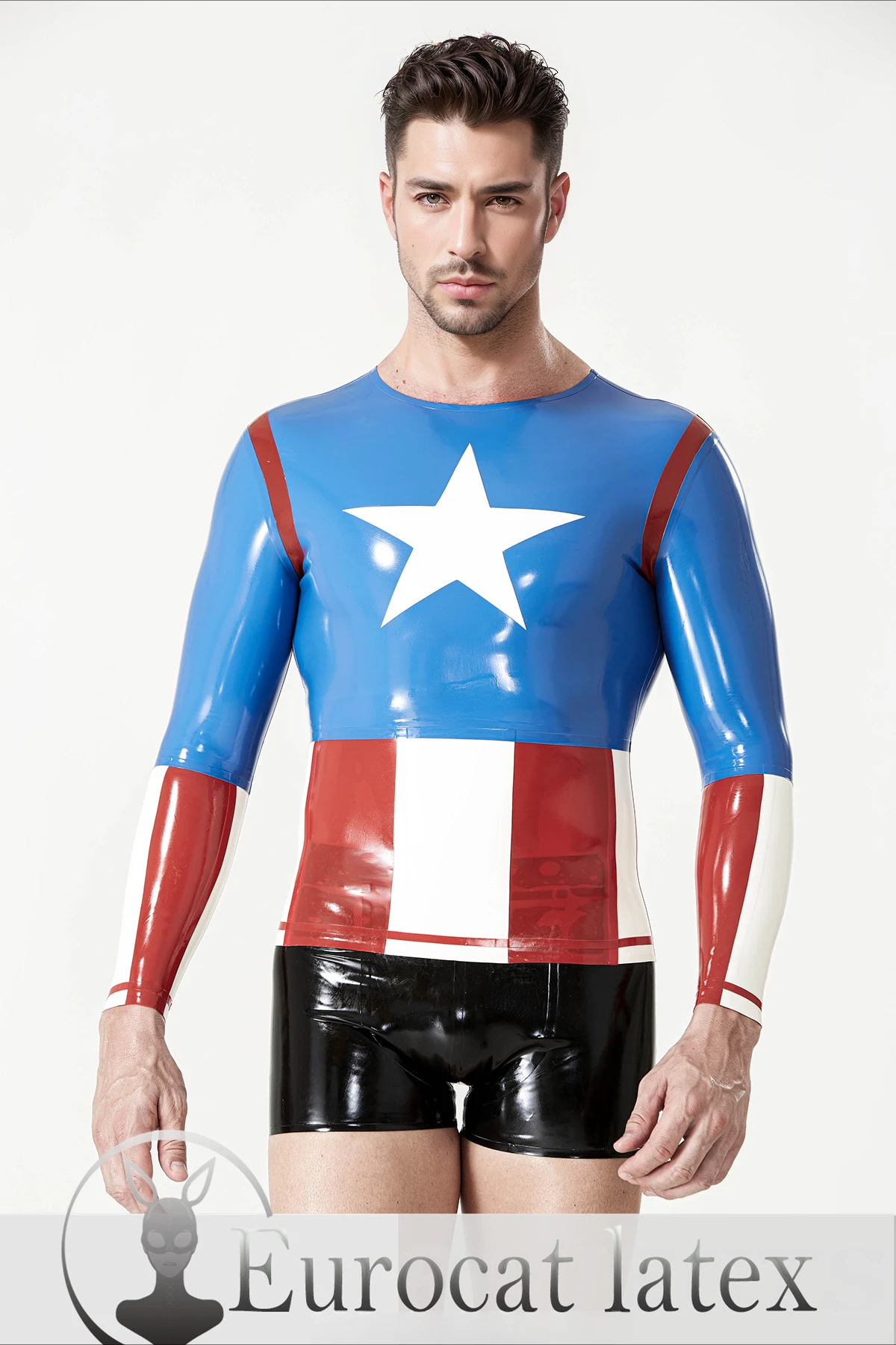 

top rubber fashion men's blue latex long sleeve top with star and color block details customized handmade cosplay