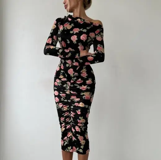 

Womens Dresses 2026 New Spring Autumn Fashion Floral Print Round Neck Long Sleeved Slim Fit Daliy Casual Hip Hugging Long Dress