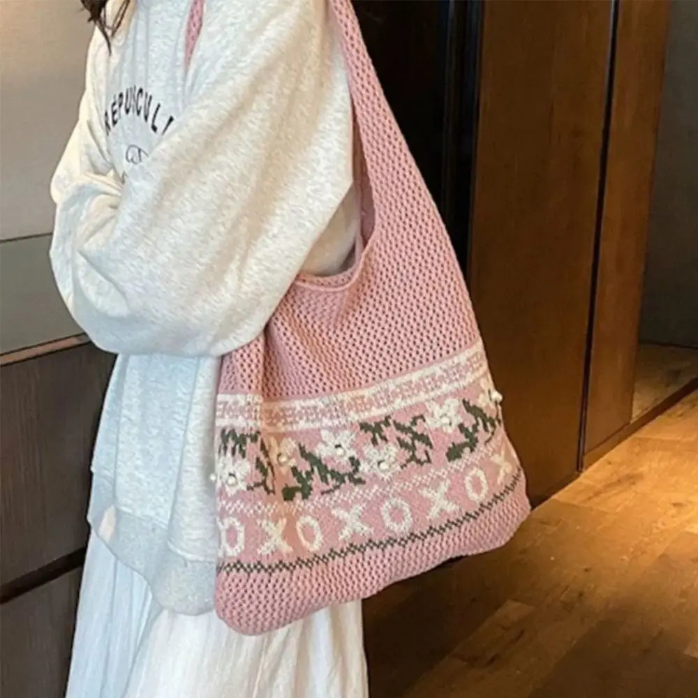 New Women Fashion Hollow Woven Knitted Bag Mesh Pattern Crochet Design Tote Bag Simple Design Big Size Shopper Bag Daily Use