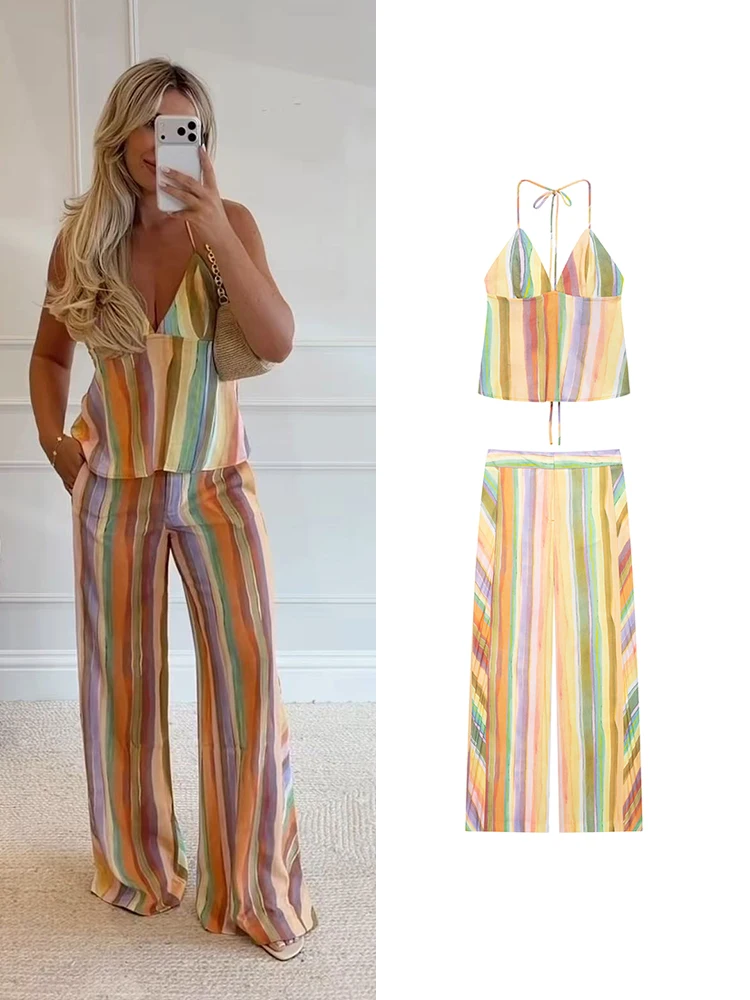 TFMLN Women Chic Colorful Striped Pants Suit Lace-up Halter Holiday Tops Casual Straight Trousers 2026 Summer Trendy Set