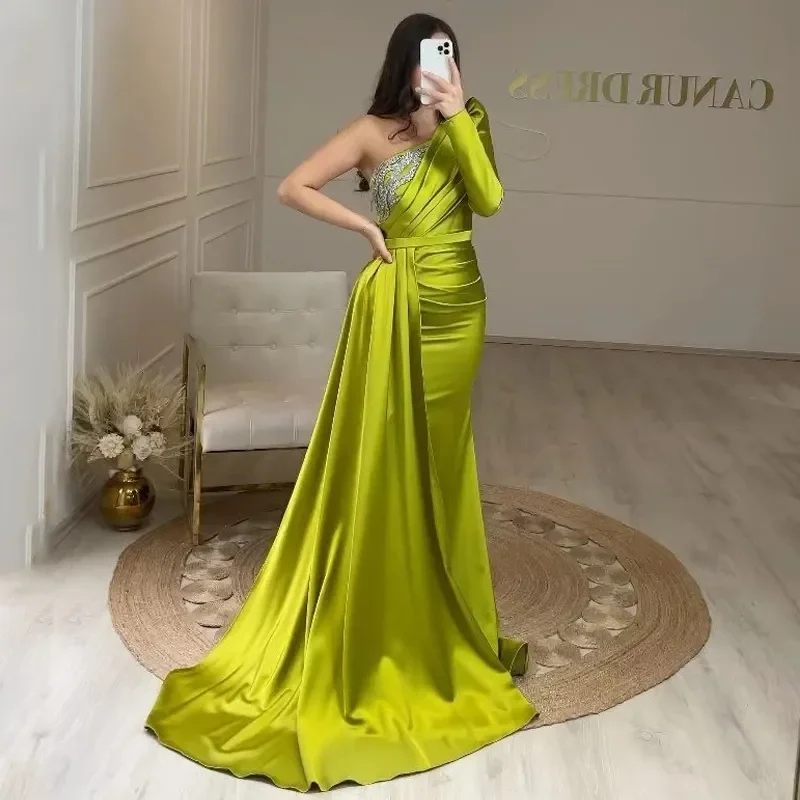 

Olive Green Evening Dress 2023 Sexy One Shoulder Long Sleeve Beads Sequins Satin Women Prom Formal Gowns Robe De Soiree