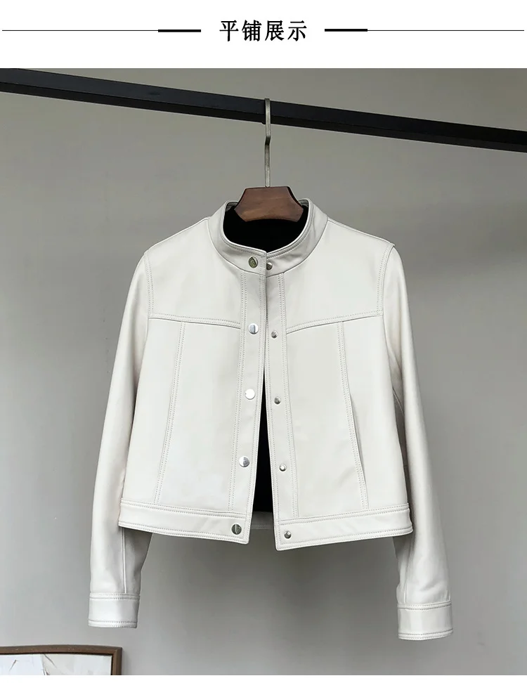 Lautaro Spring Autumn Short White Soft Pu Leather Jacket Women Stand Collar Long Sleeve Elegant Chic Luxury Designer Clothing
