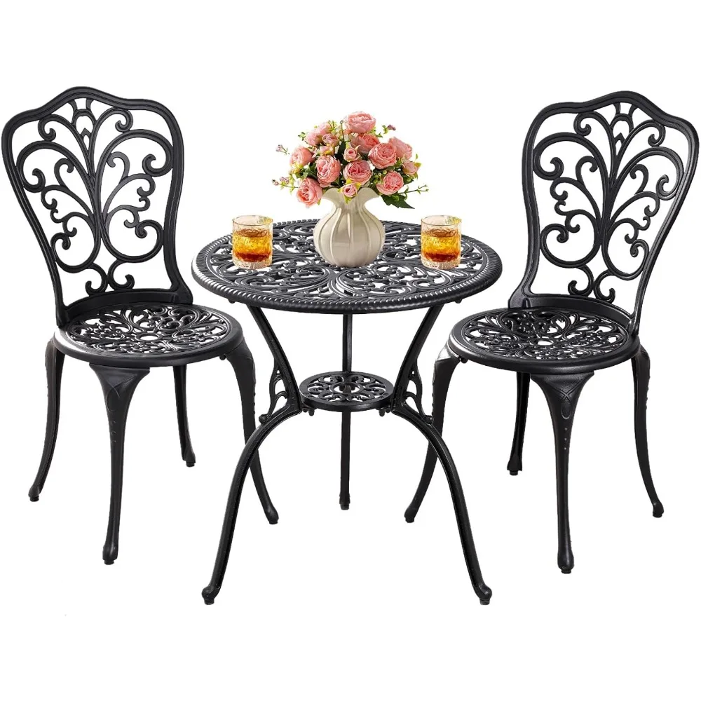 طقم فناء بيسترو مكون من 3 قطع للاستخدام الخارجي، طاولة بيسترو خارجية من الألومنيوم المصبوب ومجموعة كراسي مكونة من قطعتين مع فتحة مظلة مقاس 1.97 بوصة، صدر لجميع الأحوال الجوية