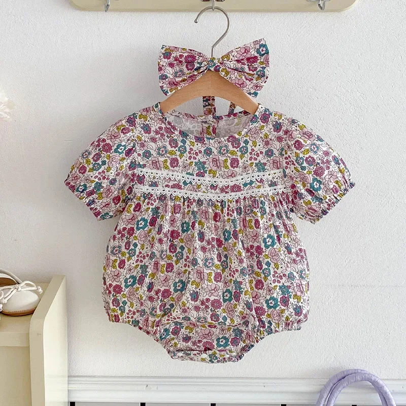 2025 New Summer Toddler Baby Girls Jumpsuit+Hair band Short Sleeved Cotton Print Newborn Girls Romper 0-24M Children Clothes