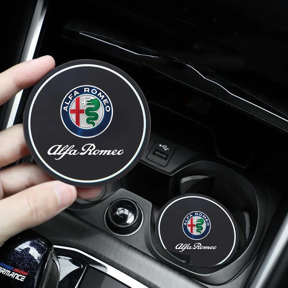 

2026 Hot Car Sticker 2Pcs Car Coasters Water Cup Slots Non-Slip Mat Waterproof Drink Pad For Alfa Romeo Giulia Stelvio Giulietta